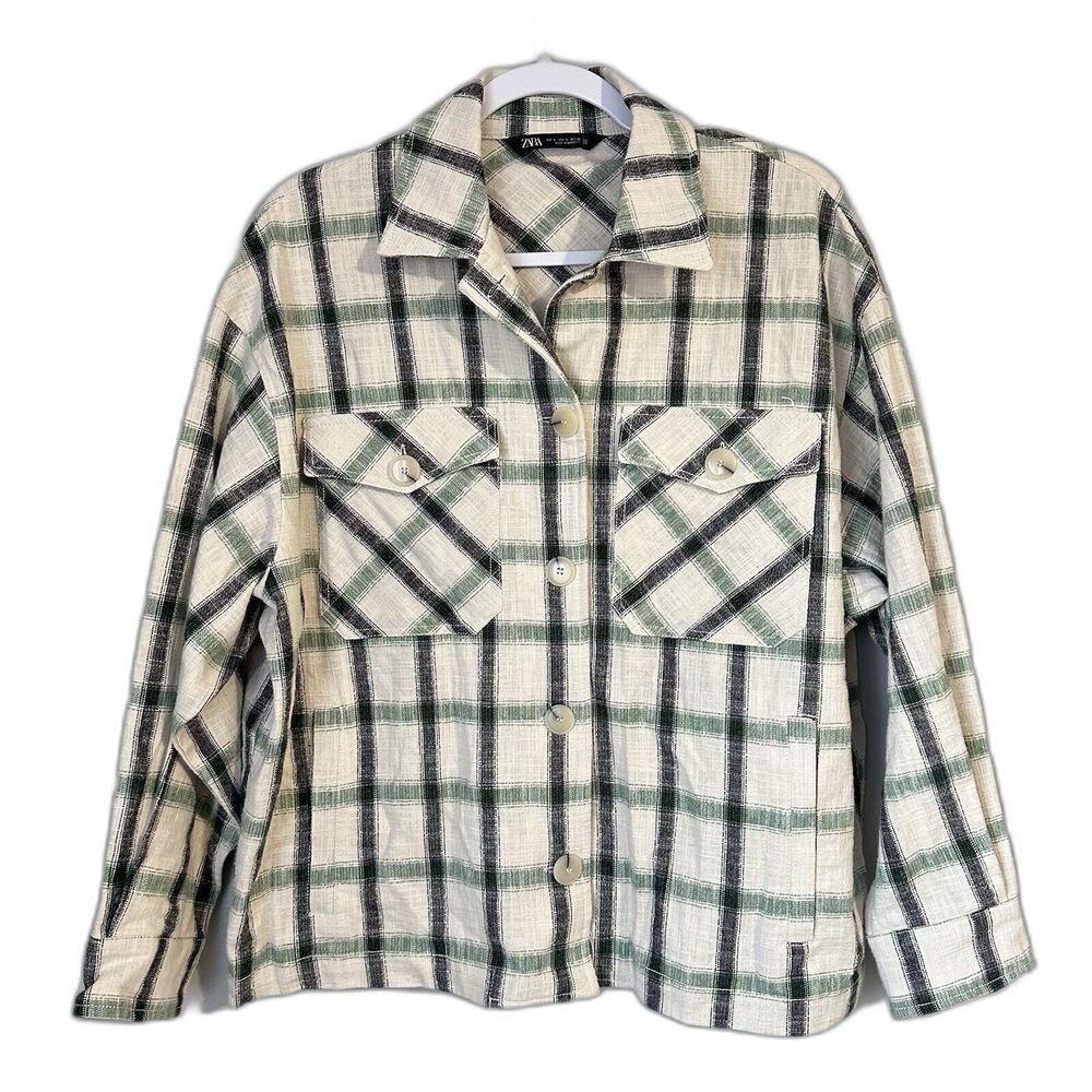 Zara Plaid Overshirt Shacket Oversized S Cream Green Button Front Jacket